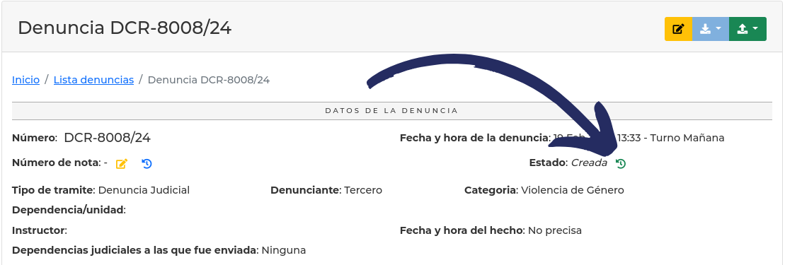 Botón para ver el historial de los estados de la denuncia